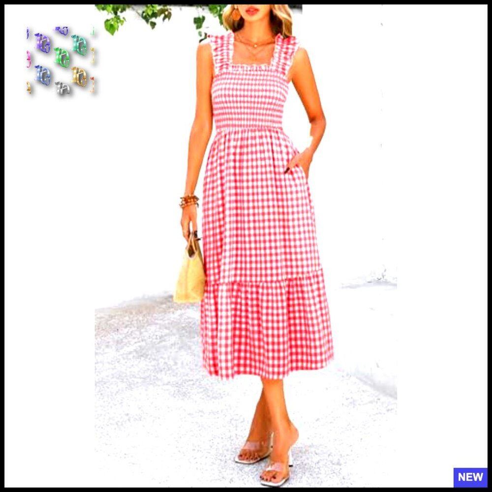 Square Neck Ruffle Strap Smocked Midi Dress Flowy A-Line Gingham Casual Chic - Picture 5 of 7
